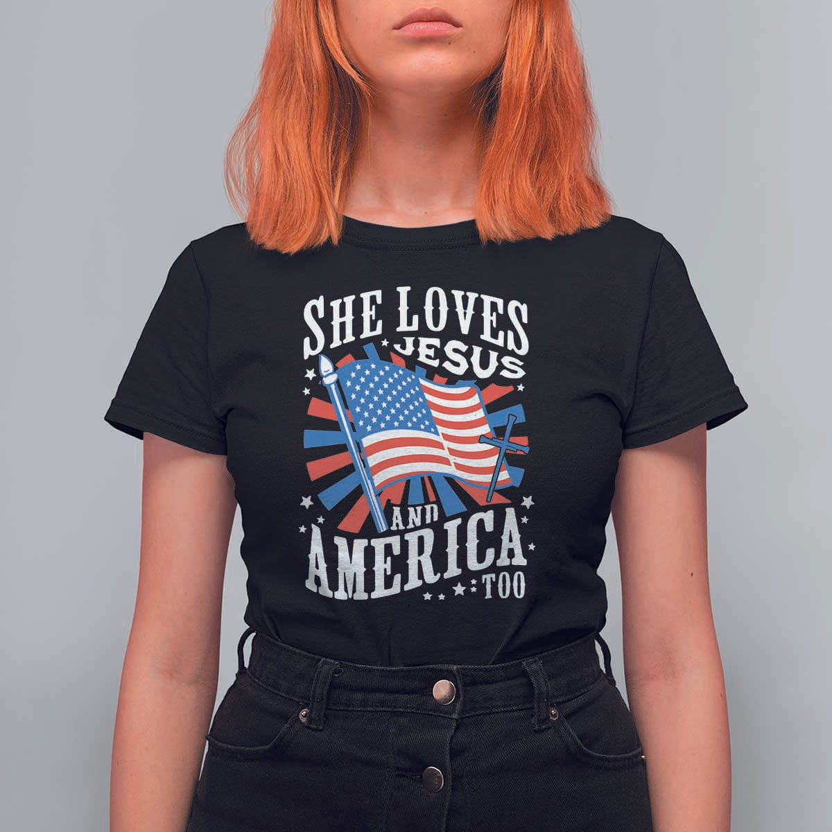 Funny She Loves Jesus And America Too T Shirt For Women 4th Of July Patriotic Christian American Flag - Wonder Print Shop