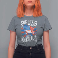 Funny She Loves Jesus And America Too T Shirt For Women 4th Of July Patriotic Christian American Flag - Wonder Print Shop