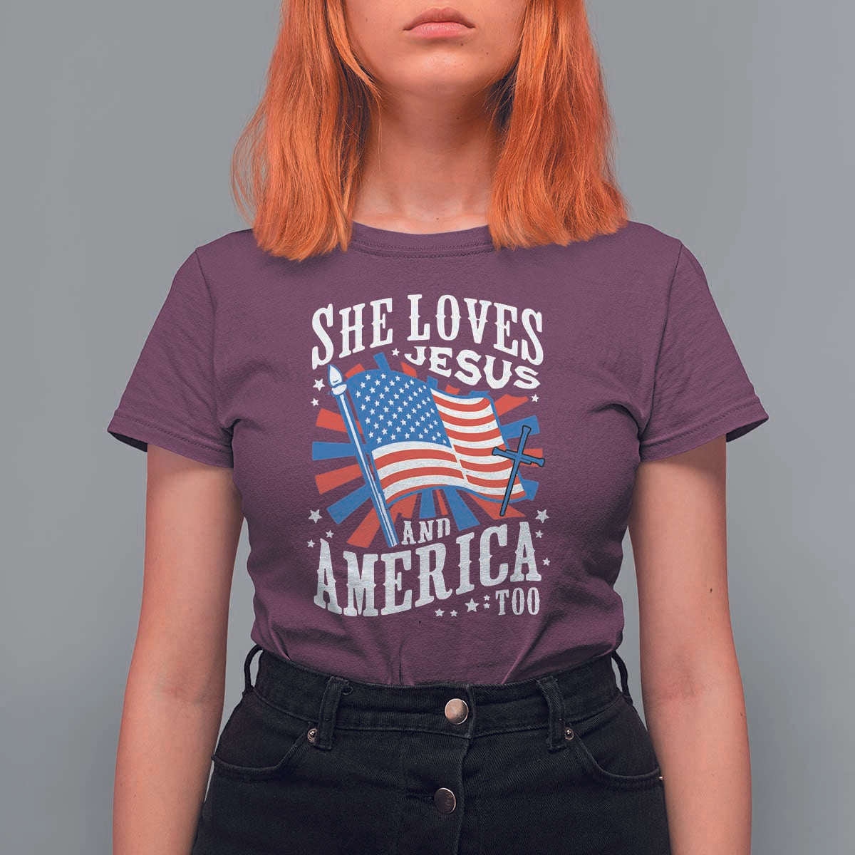Funny She Loves Jesus And America Too T Shirt For Women 4th Of July Patriotic Christian American Flag - Wonder Print Shop