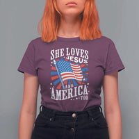 Funny She Loves Jesus And America Too T Shirt For Women 4th Of July Patriotic Christian American Flag - Wonder Print Shop