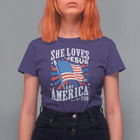 Funny She Loves Jesus And America Too T Shirt For Women 4th Of July Patriotic Christian American Flag - Wonder Print Shop