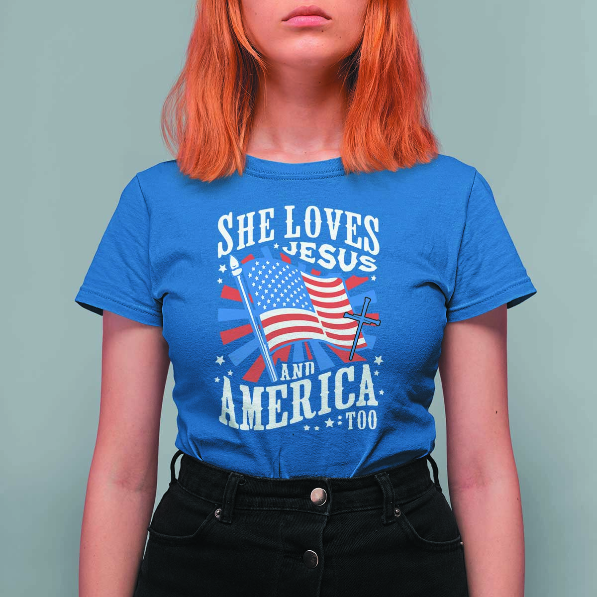 Funny She Loves Jesus And America Too T Shirt For Women 4th Of July Patriotic Christian American Flag - Wonder Print Shop