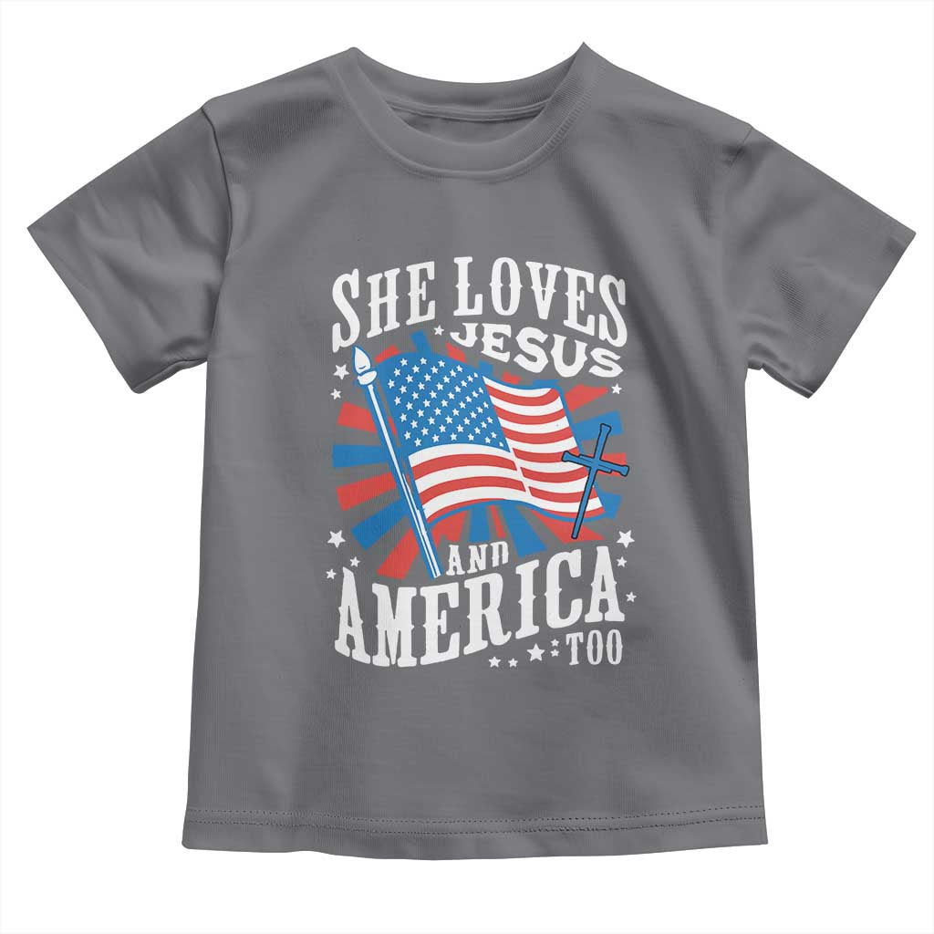 Funny She Loves Jesus And America Too Toddler T Shirt 4th Of July Patriotic Christian American Flag - Wonder Print Shop