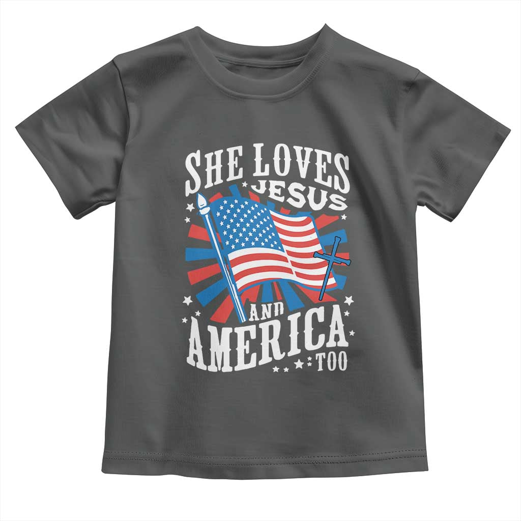 Funny She Loves Jesus And America Too Toddler T Shirt 4th Of July Patriotic Christian American Flag - Wonder Print Shop