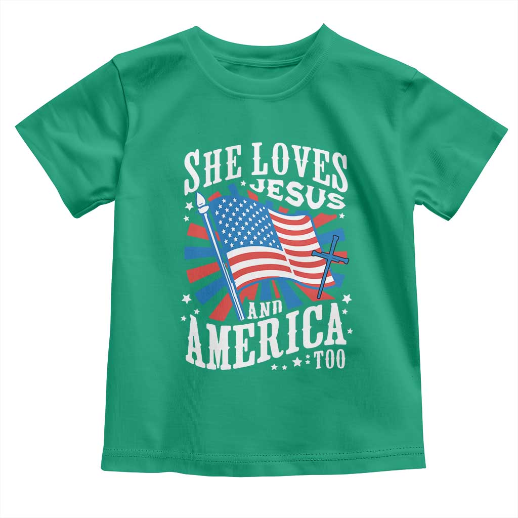 Funny She Loves Jesus And America Too Toddler T Shirt 4th Of July Patriotic Christian American Flag - Wonder Print Shop