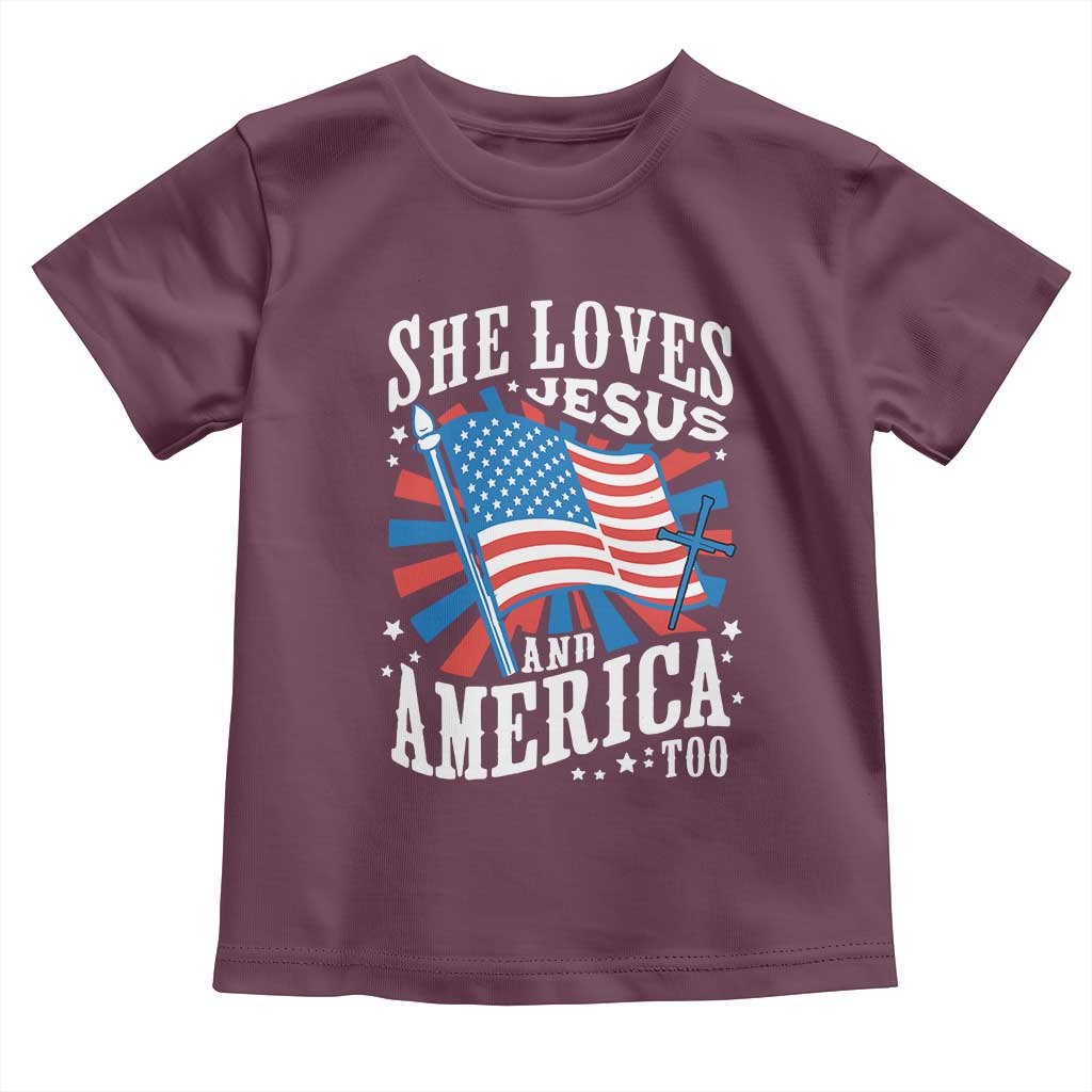 Funny She Loves Jesus And America Too Toddler T Shirt 4th Of July Patriotic Christian American Flag - Wonder Print Shop