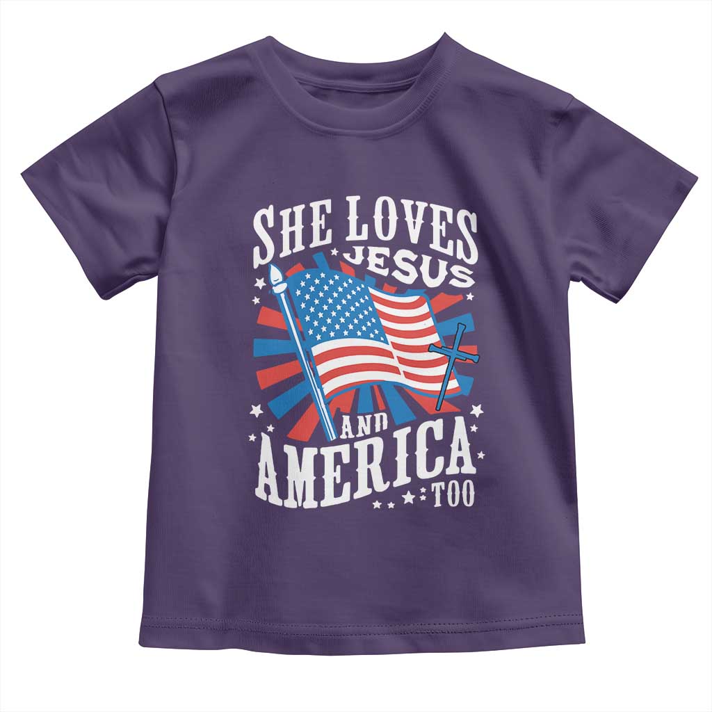 Funny She Loves Jesus And America Too Toddler T Shirt 4th Of July Patriotic Christian American Flag - Wonder Print Shop