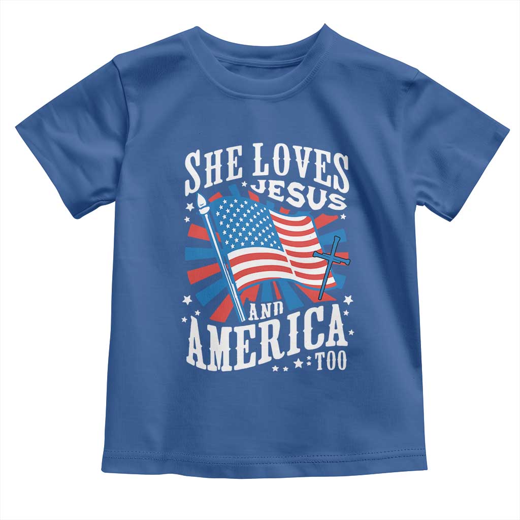 Funny She Loves Jesus And America Too Toddler T Shirt 4th Of July Patriotic Christian American Flag - Wonder Print Shop