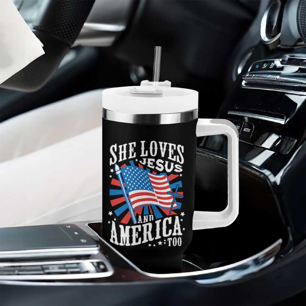 Funny She Loves Jesus And America Too Tumbler With Handle 4th Of July Patriotic Christian American Flag - Wonder Print Shop