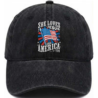 Funny She Loves Jesus And America Too Washed Cotton Baseball Cap 4th Of July Patriotic Christian American Flag