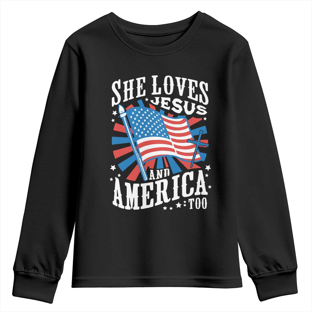 Funny She Loves Jesus And America Too Youth Sweatshirt 4th Of July Patriotic Christian American Flag - Wonder Print Shop