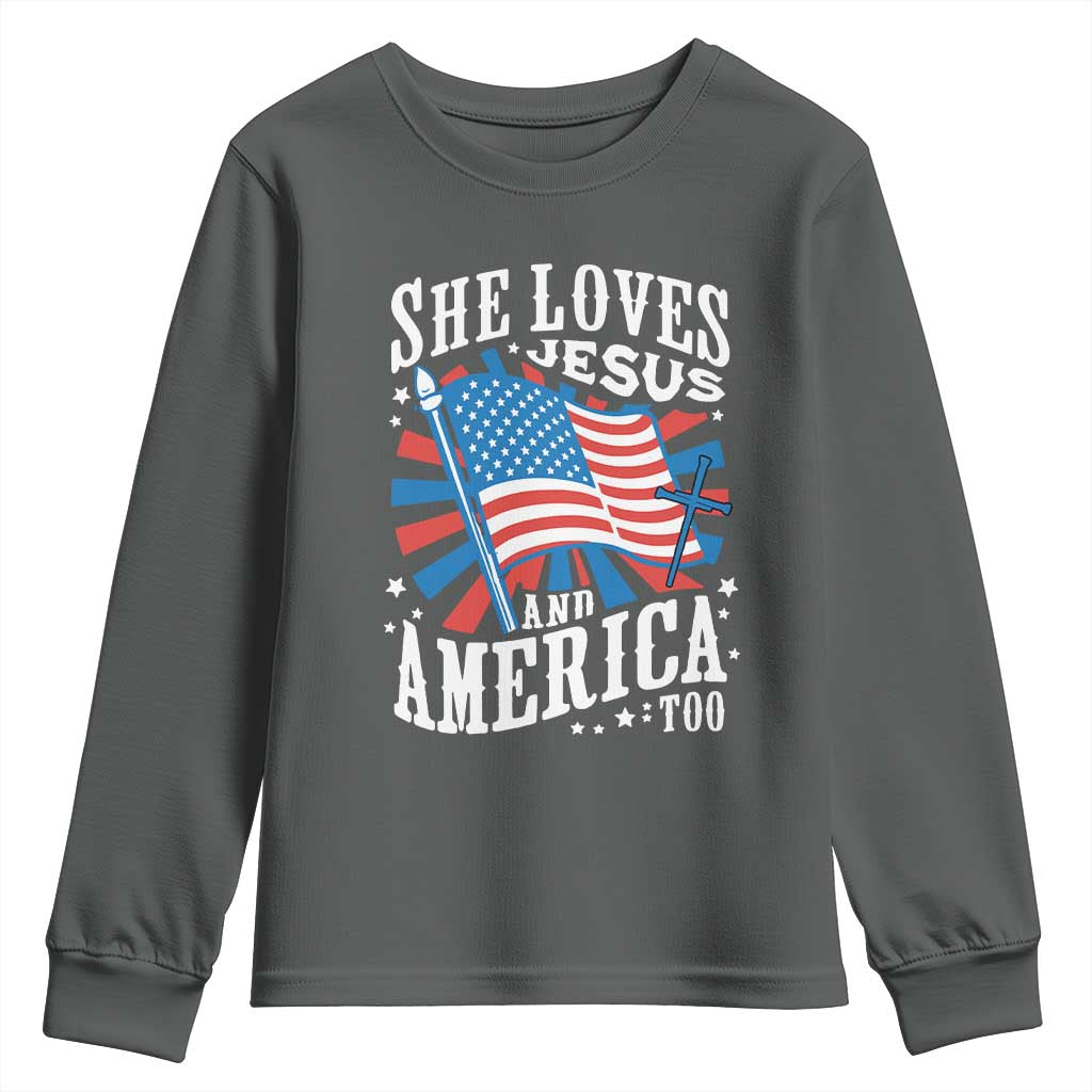 Funny She Loves Jesus And America Too Youth Sweatshirt 4th Of July Patriotic Christian American Flag - Wonder Print Shop
