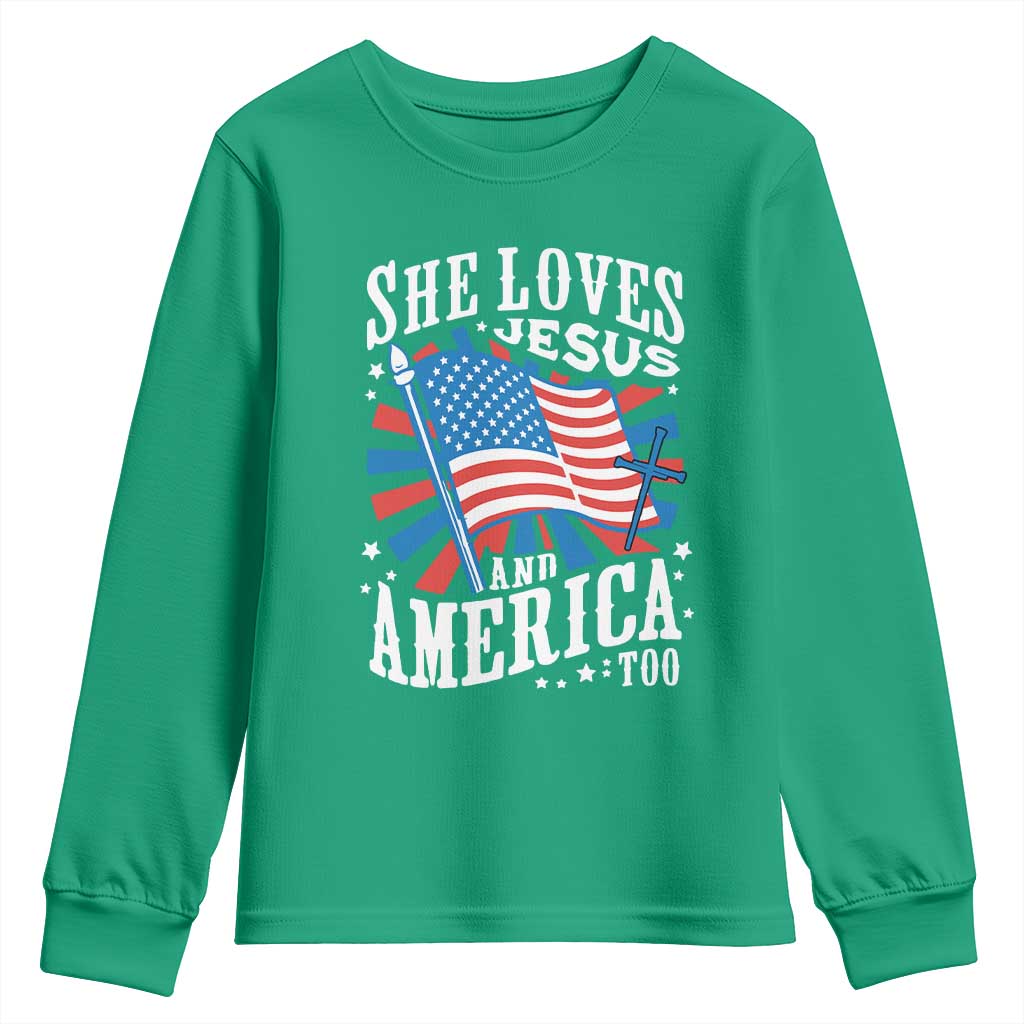 Funny She Loves Jesus And America Too Youth Sweatshirt 4th Of July Patriotic Christian American Flag - Wonder Print Shop