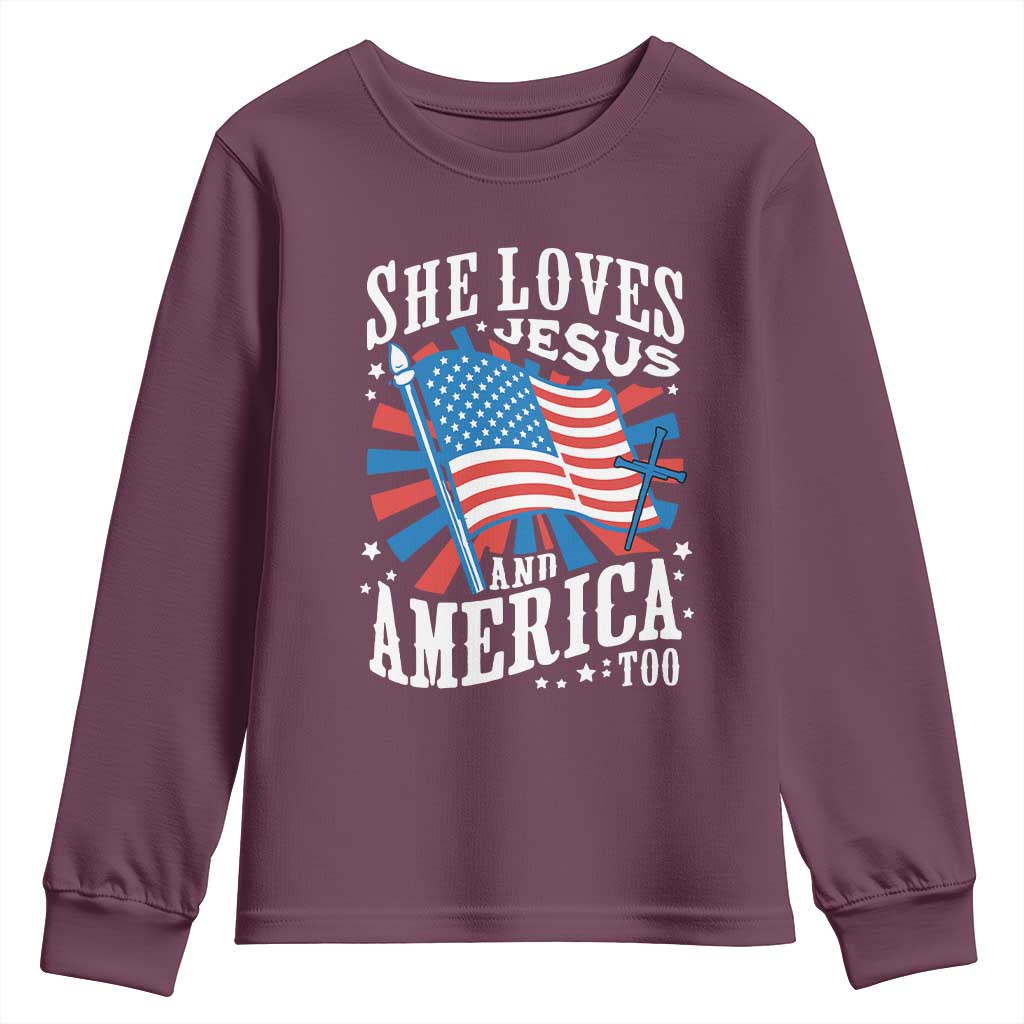 Funny She Loves Jesus And America Too Youth Sweatshirt 4th Of July Patriotic Christian American Flag - Wonder Print Shop