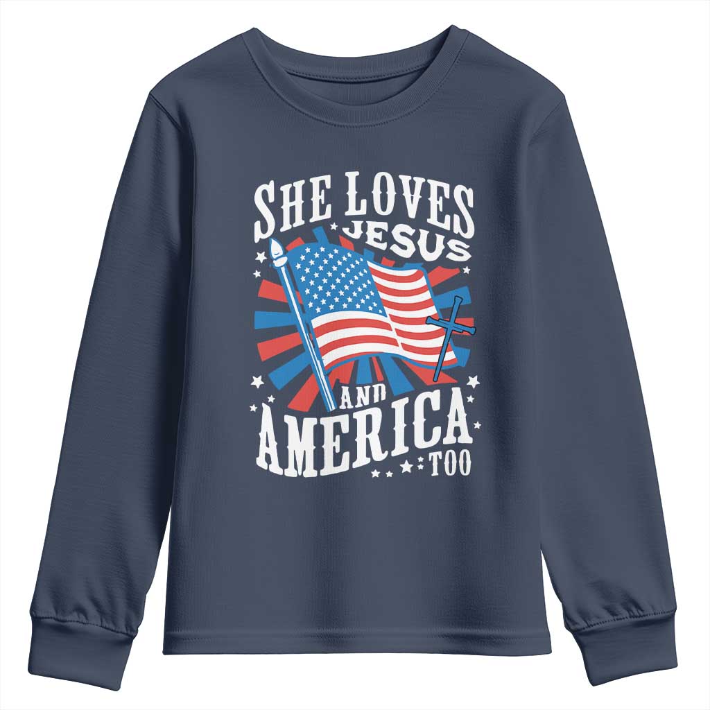 Funny She Loves Jesus And America Too Youth Sweatshirt 4th Of July Patriotic Christian American Flag - Wonder Print Shop