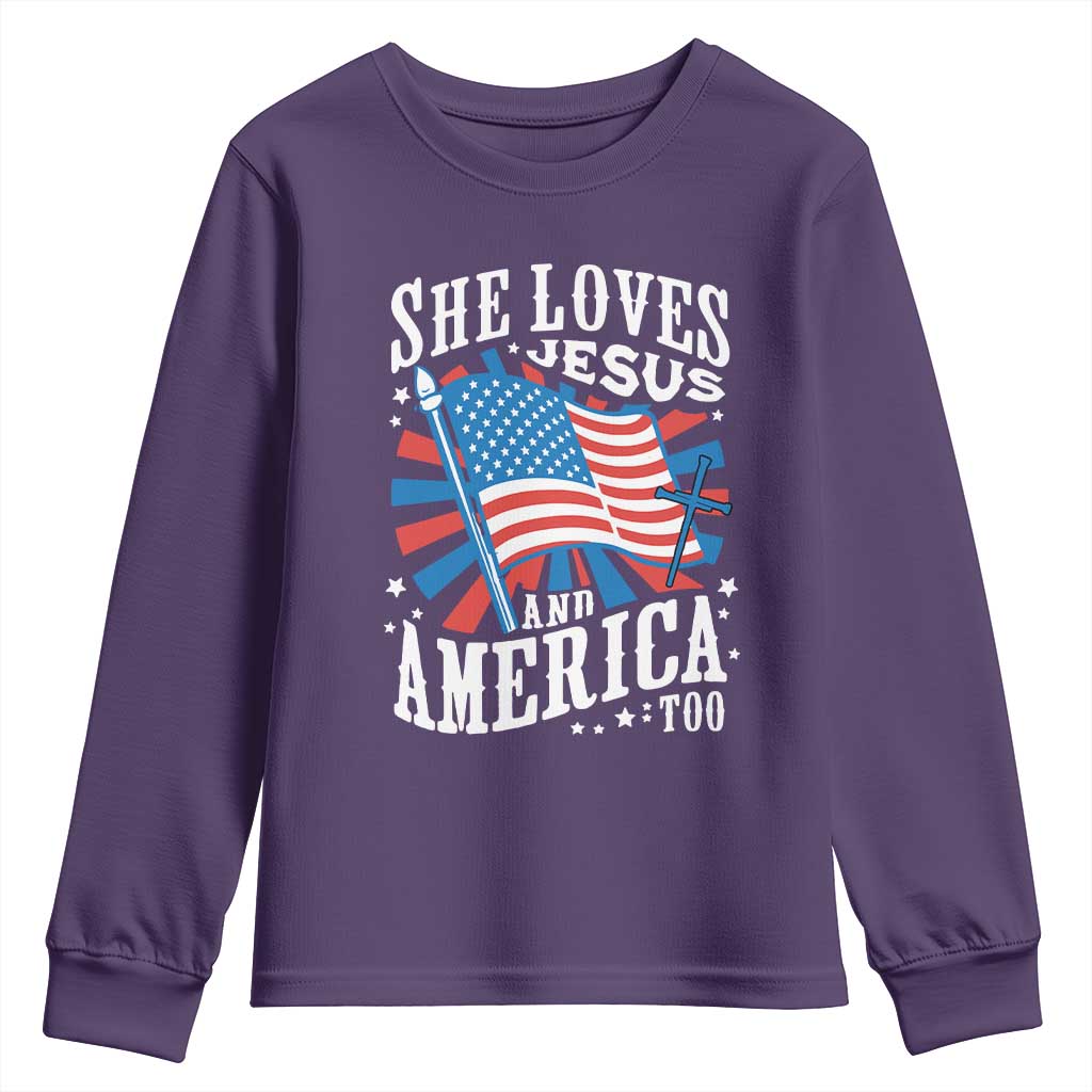 Funny She Loves Jesus And America Too Youth Sweatshirt 4th Of July Patriotic Christian American Flag - Wonder Print Shop