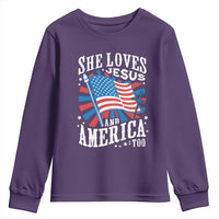 Funny She Loves Jesus And America Too Youth Sweatshirt 4th Of July Patriotic Christian American Flag - Wonder Print Shop