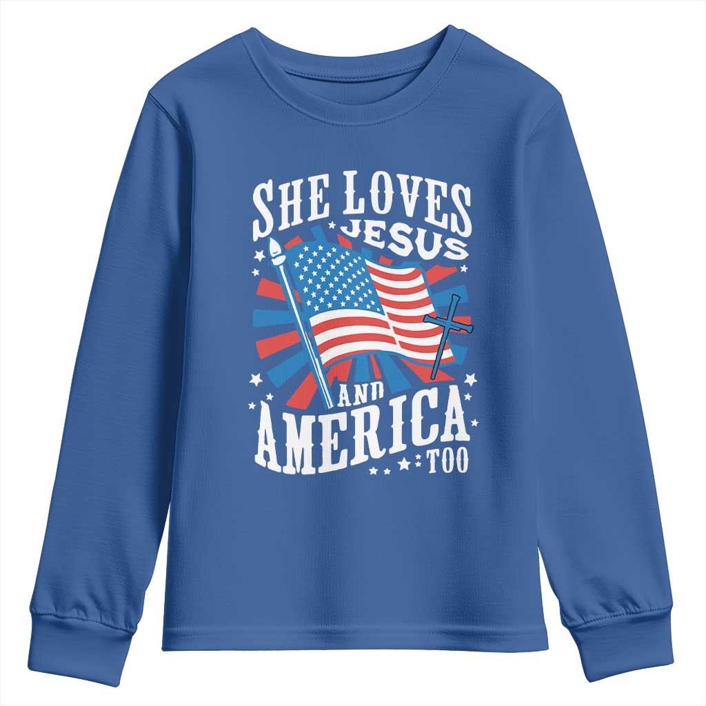 Funny She Loves Jesus And America Too Youth Sweatshirt 4th Of July Patriotic Christian American Flag - Wonder Print Shop
