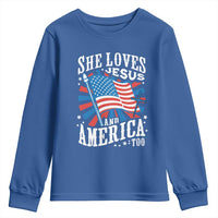 Funny She Loves Jesus And America Too Youth Sweatshirt 4th Of July Patriotic Christian American Flag - Wonder Print Shop