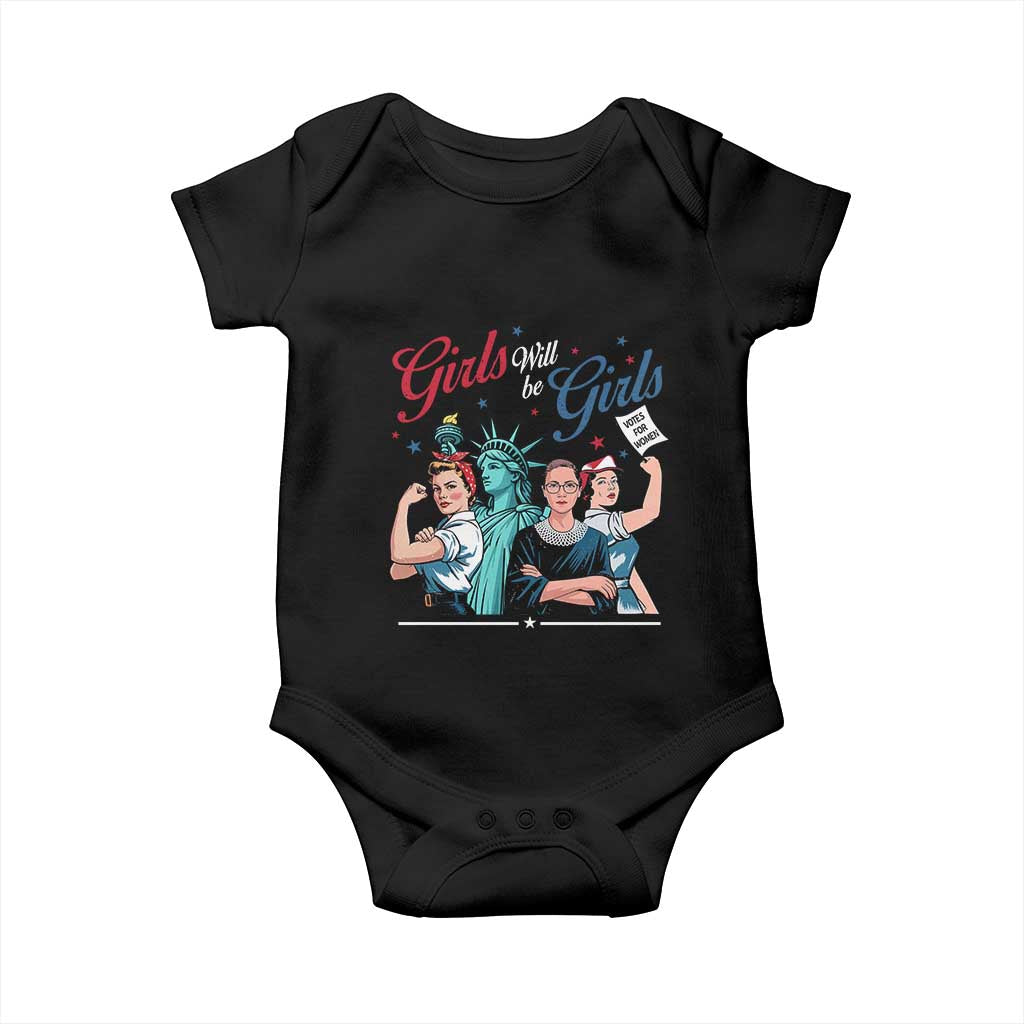 Girl Will be Girls Patriotic Feminist 4th of July Baby Onesie