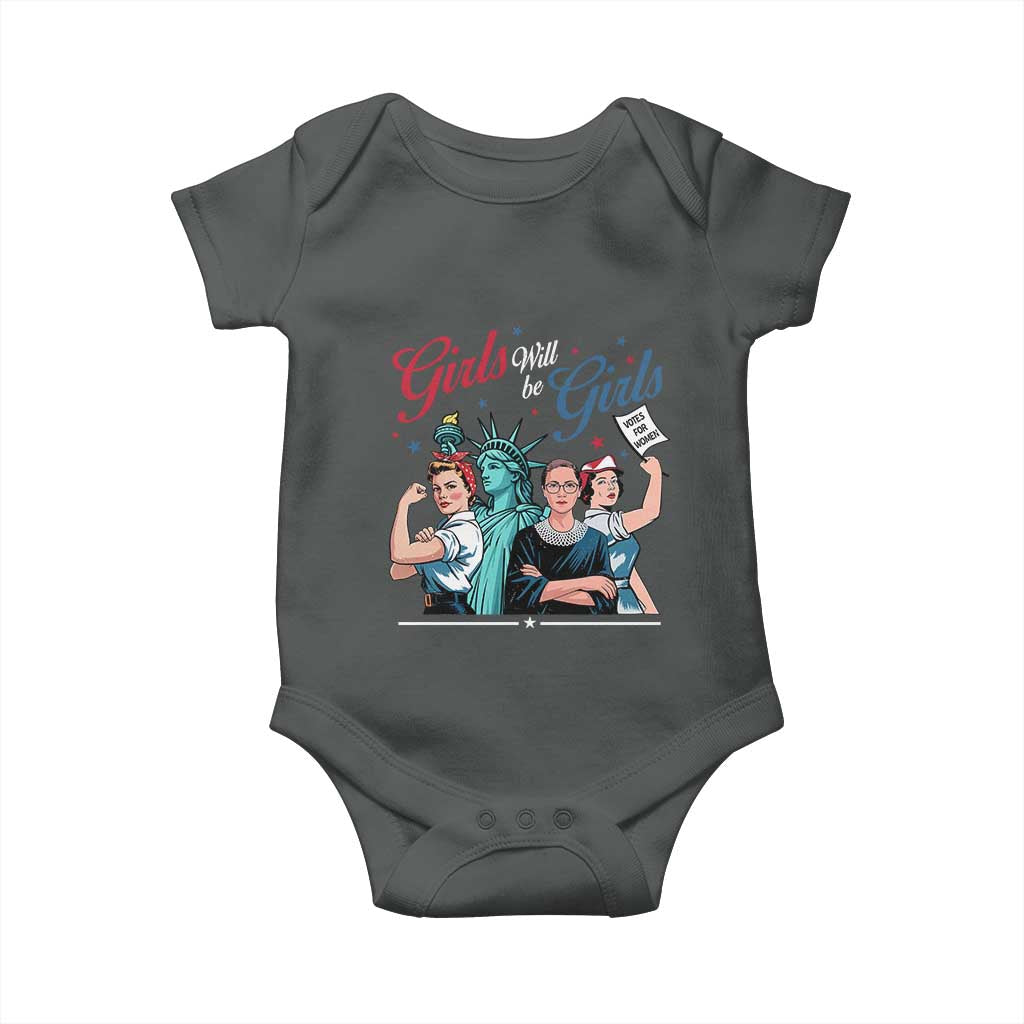 Girl Will be Girls Patriotic Feminist 4th of July Baby Onesie