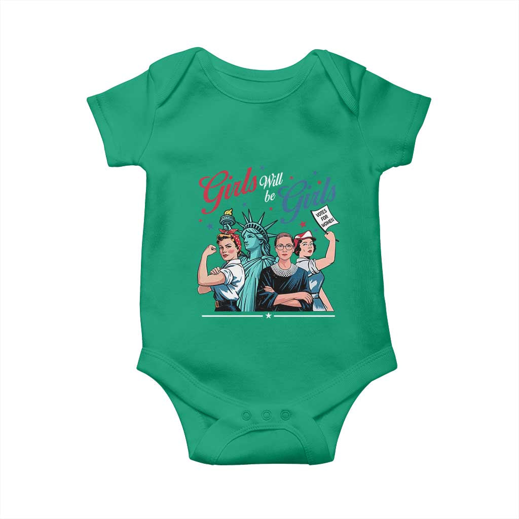 Girl Will be Girls Patriotic Feminist 4th of July Baby Onesie