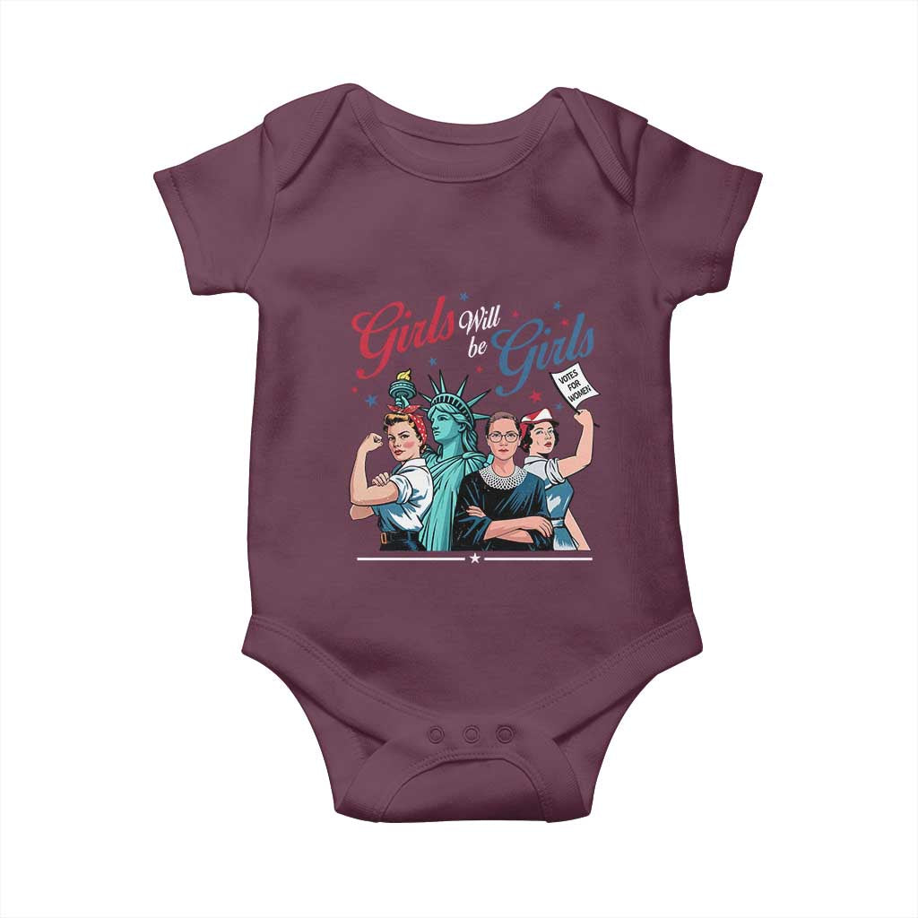 Girl Will be Girls Patriotic Feminist 4th of July Baby Onesie