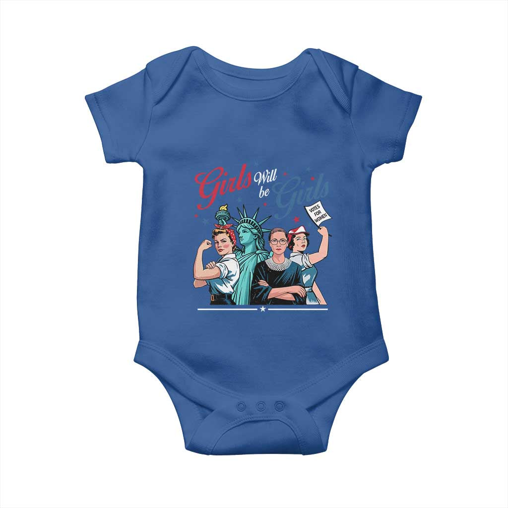 Girl Will be Girls Patriotic Feminist 4th of July Baby Onesie