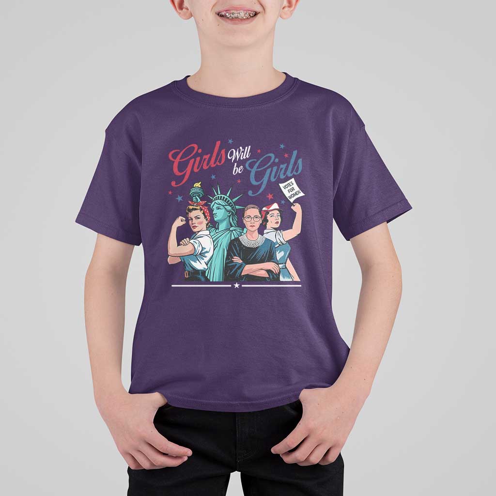 Girl Will be Girls Patriotic Feminist 4th of July T Shirt For Kid