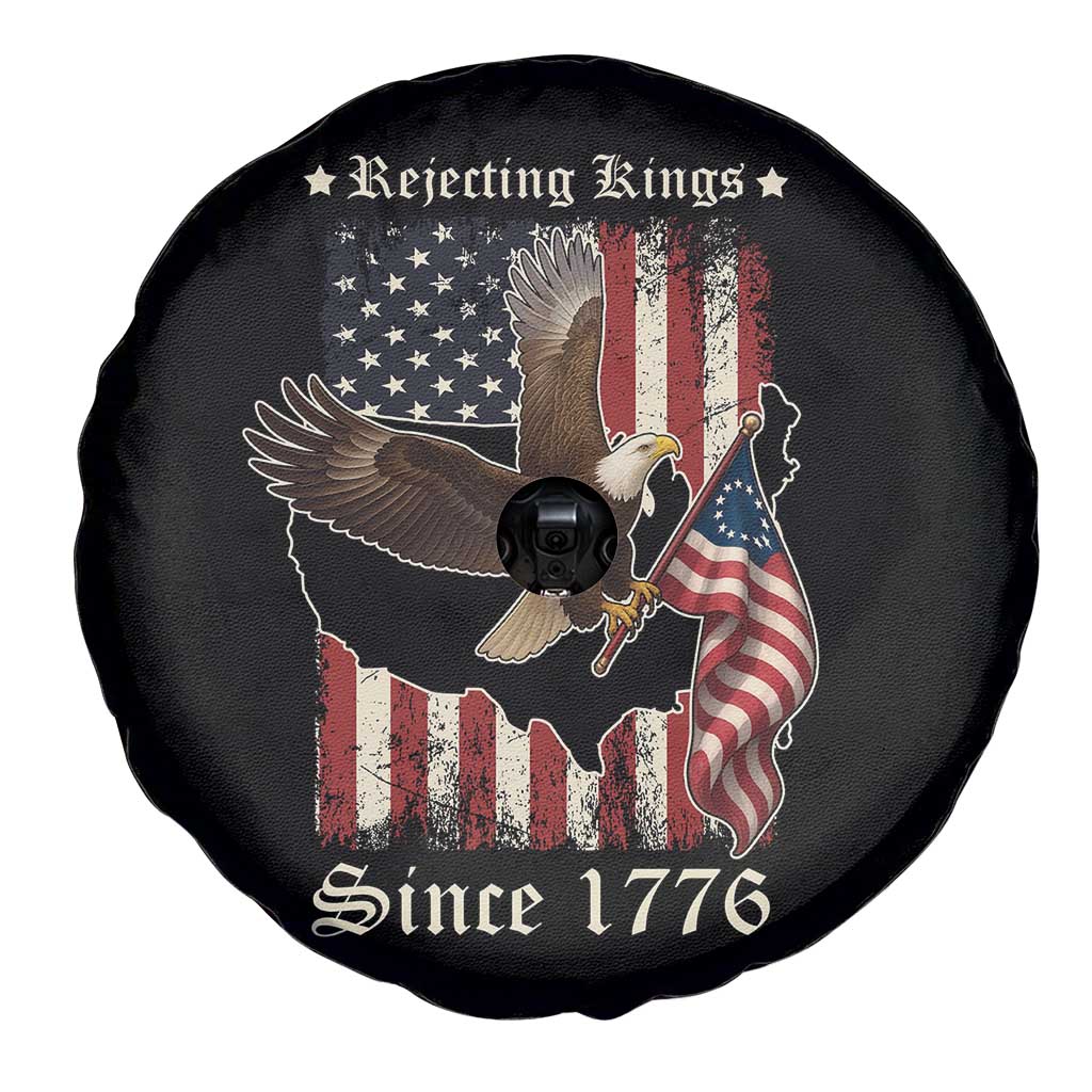 Funny Rejecting Kings Since 1776 Spare Tire Cover Vintage American Flag Bald Eagle