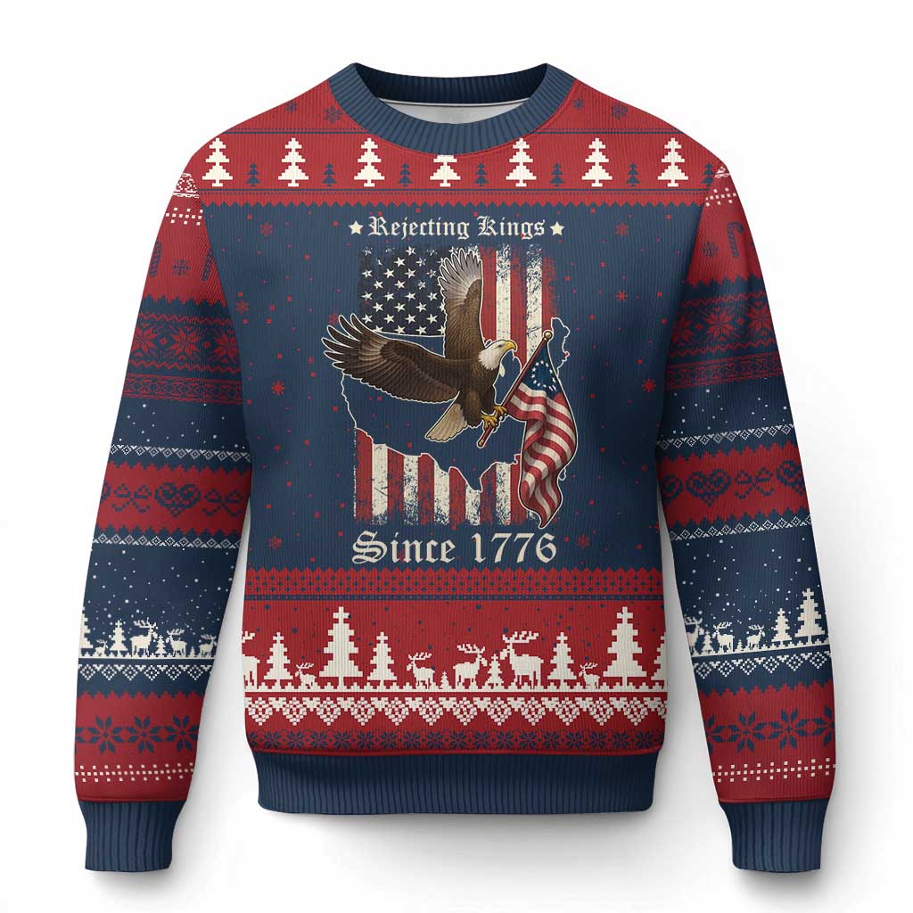 Funny Rejecting Kings Since 1776 Ugly Christmas Sweater Vintage American Flag Bald Eagle - Wonder Print Shop