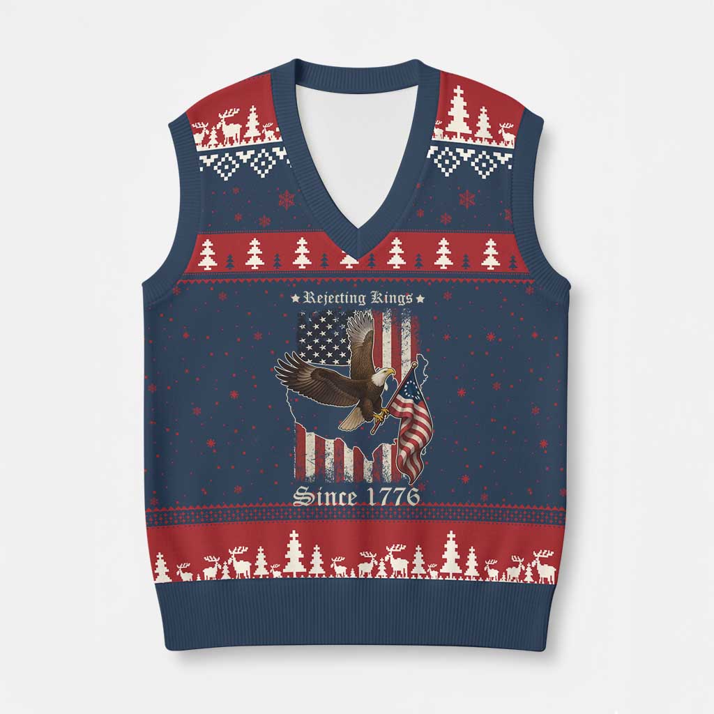 Funny Rejecting Kings Since 1776 V-Neck Knit Sweater Vest Vintage American Flag Bald Eagle - Wonder Print Shop