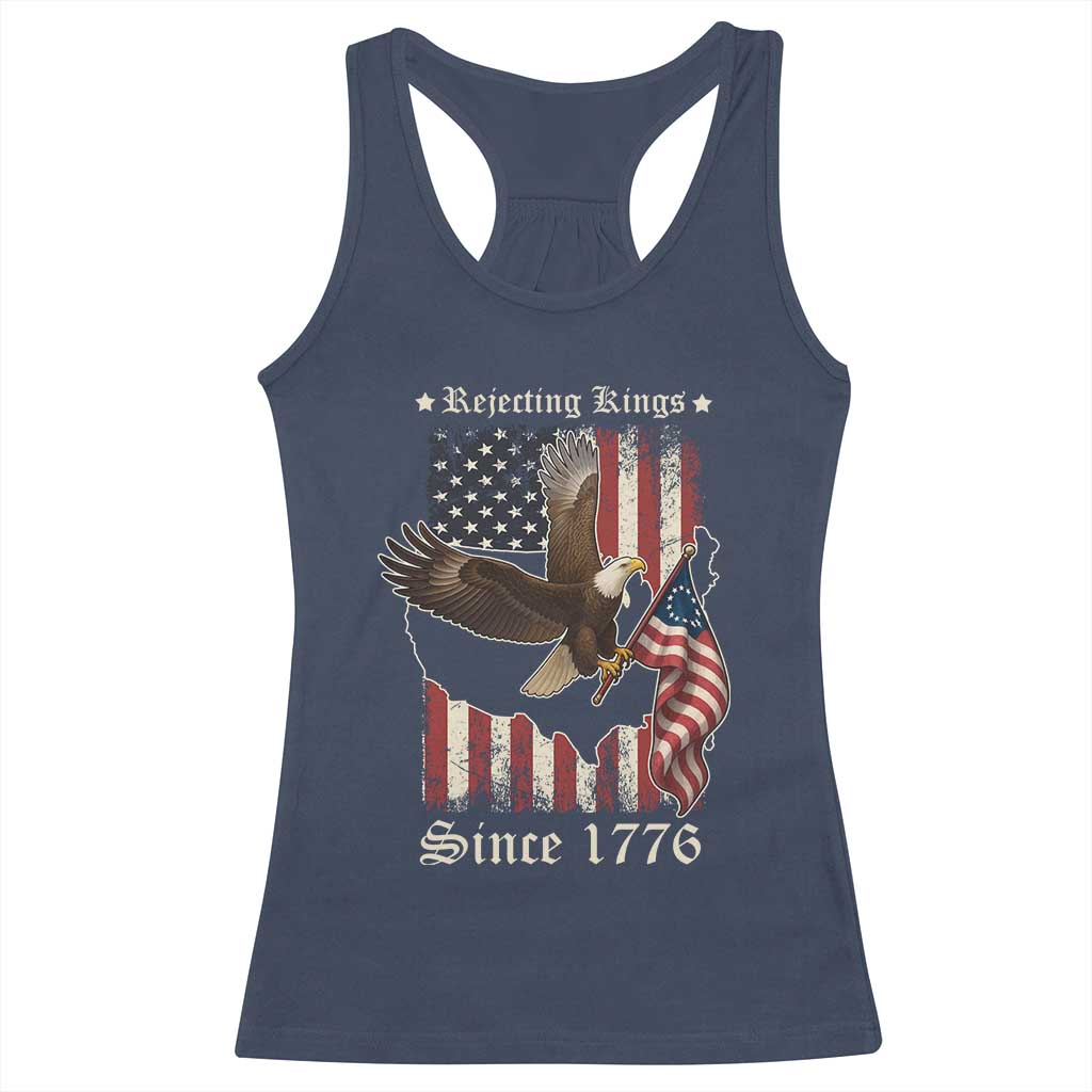 Funny Rejecting Kings Since 1776 Racerback Tank Top Vintage American Flag Bald Eagle