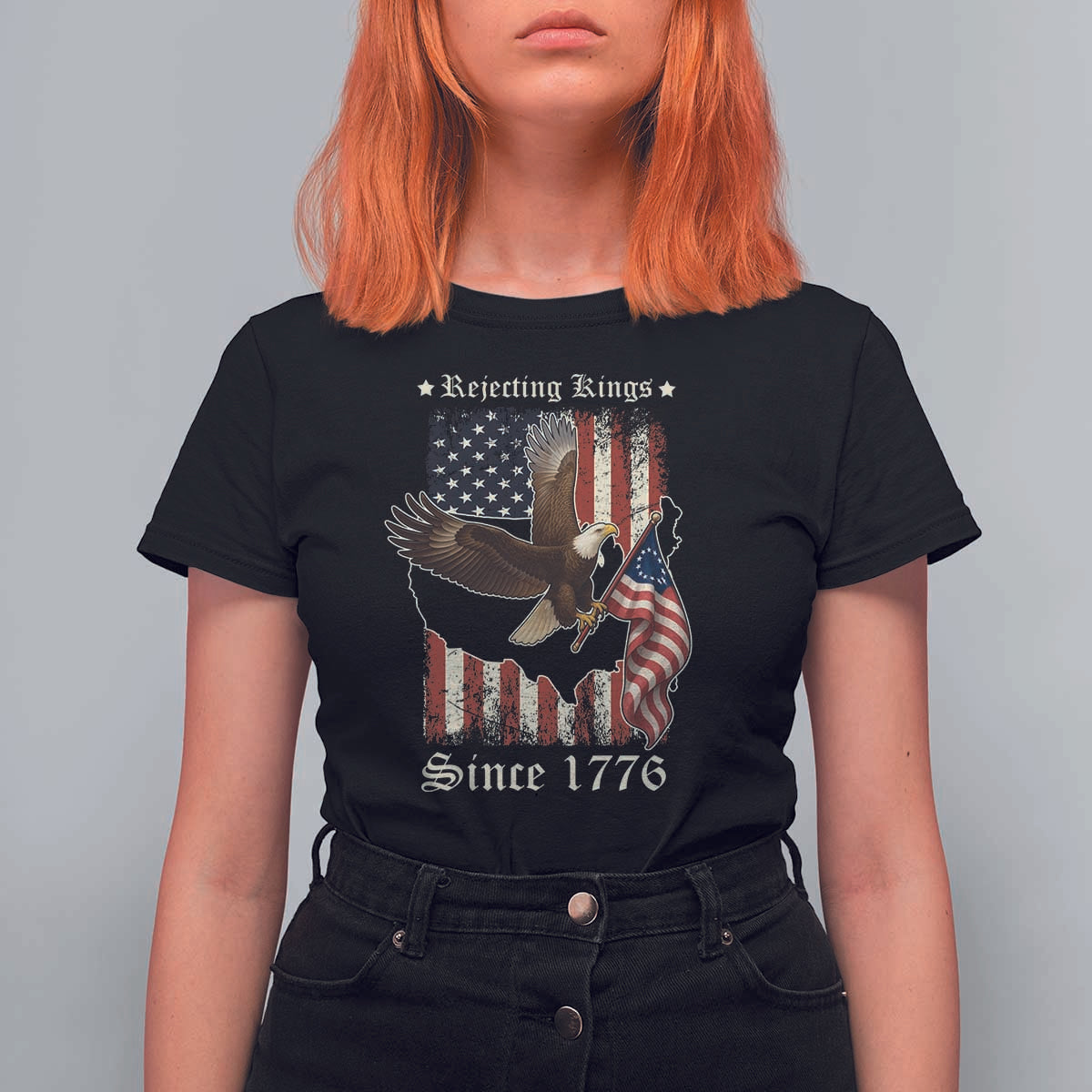 Funny Rejecting Kings Since 1776 T Shirt For Women Vintage American Flag Bald Eagle