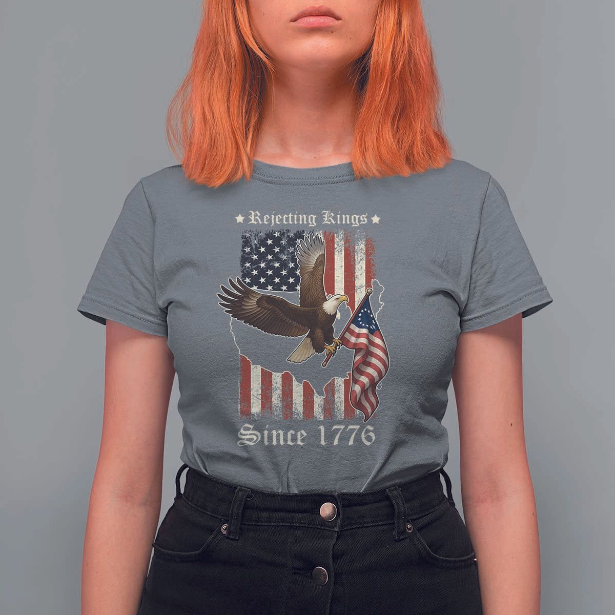 Funny Rejecting Kings Since 1776 T Shirt For Women Vintage American Flag Bald Eagle
