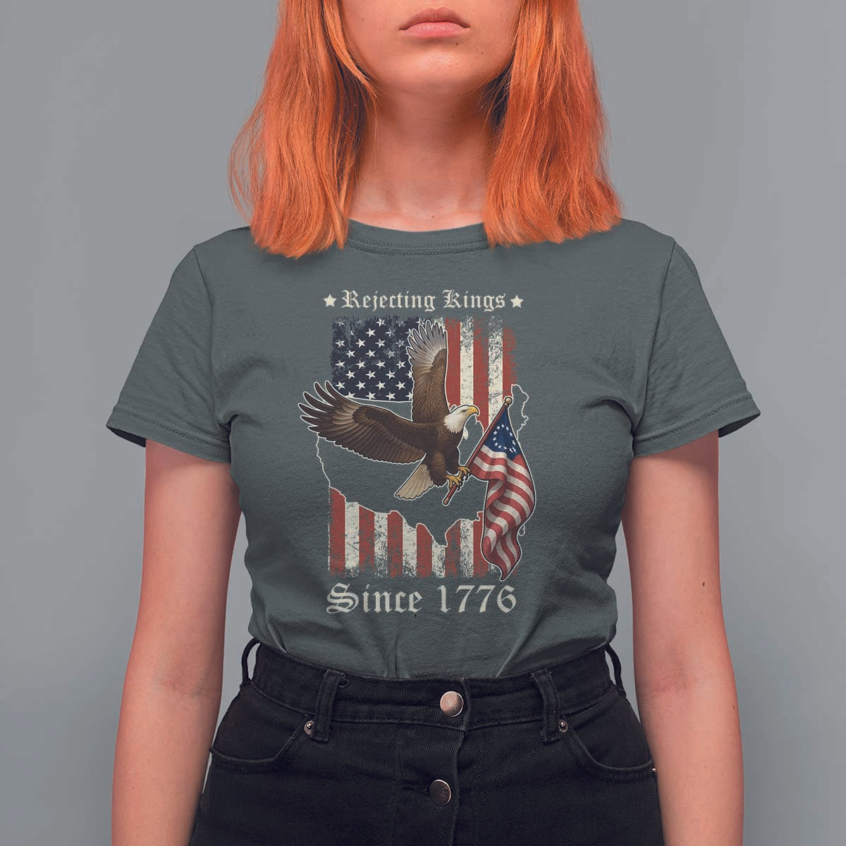 Funny Rejecting Kings Since 1776 T Shirt For Women Vintage American Flag Bald Eagle