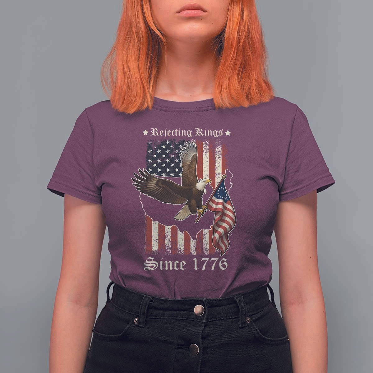 Funny Rejecting Kings Since 1776 T Shirt For Women Vintage American Flag Bald Eagle