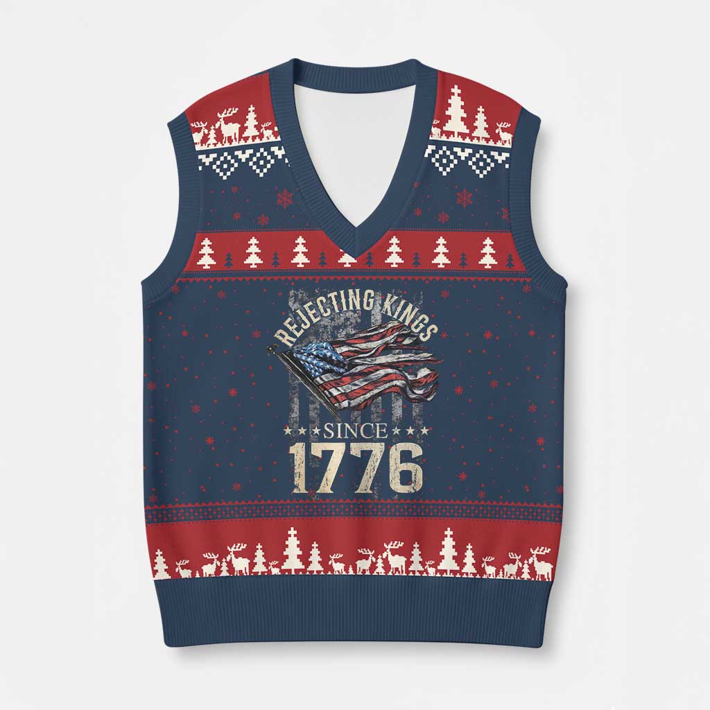Funny Rejecting Kings Since 1776 V-Neck Knit Sweater Vest Vintage American Flag - Wonder Print Shop