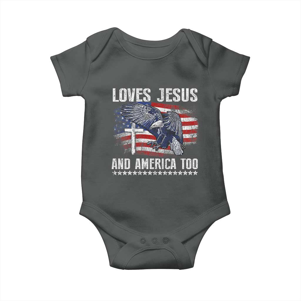 Funny Loves Jesus And America Too Baby Onesie 4th Of July Patriotic Christian Eagle American Flag - Wonder Print Shop