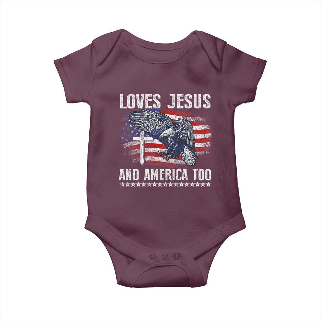 Funny Loves Jesus And America Too Baby Onesie 4th Of July Patriotic Christian Eagle American Flag - Wonder Print Shop
