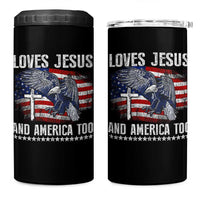 Funny Loves Jesus And America Too 4 in 1 Can Cooler Tumbler 4th Of July Patriotic Christian Eagle American Flag - Wonder Print Shop