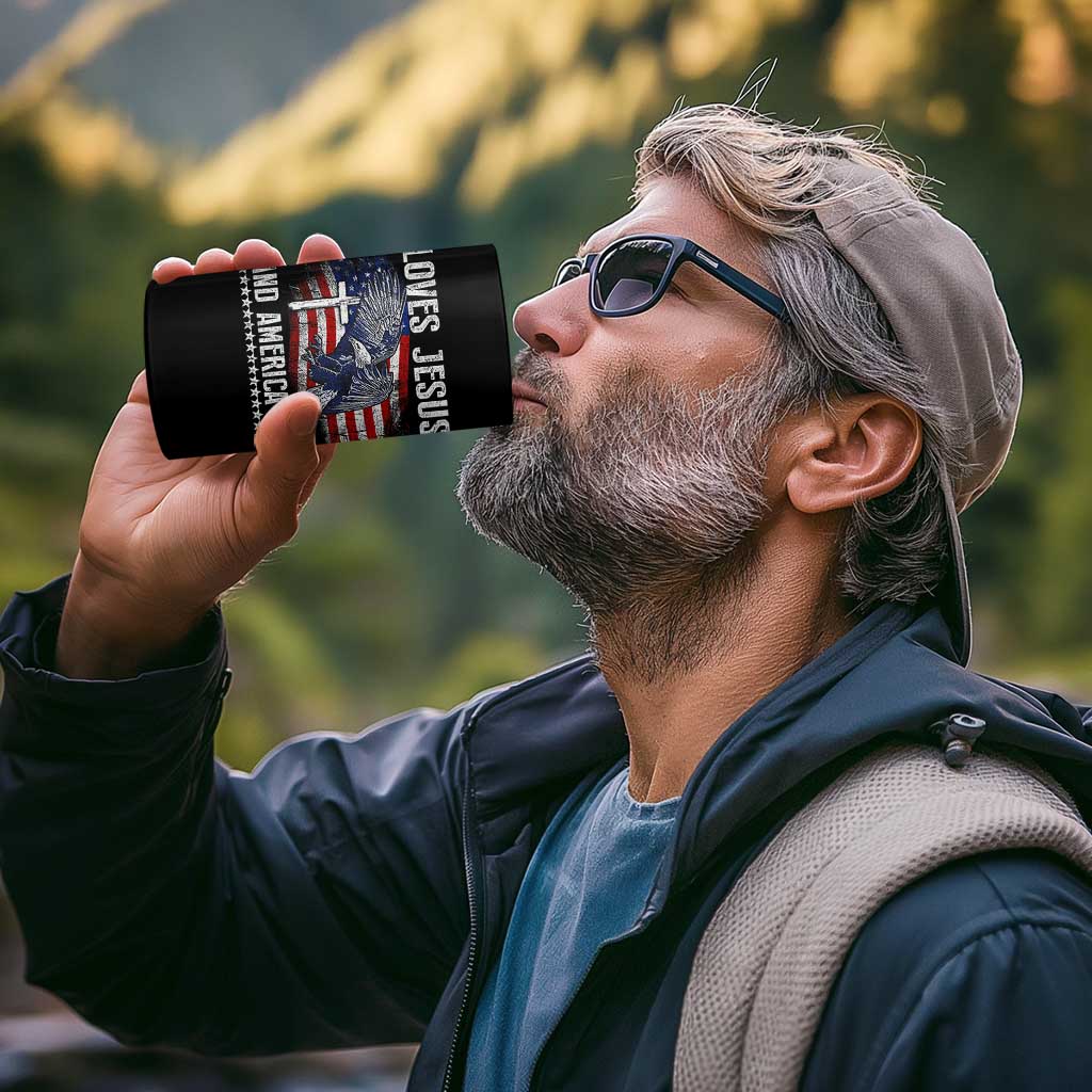 Funny Loves Jesus And America Too 4 in 1 Can Cooler Tumbler 4th Of July Patriotic Christian Eagle American Flag - Wonder Print Shop