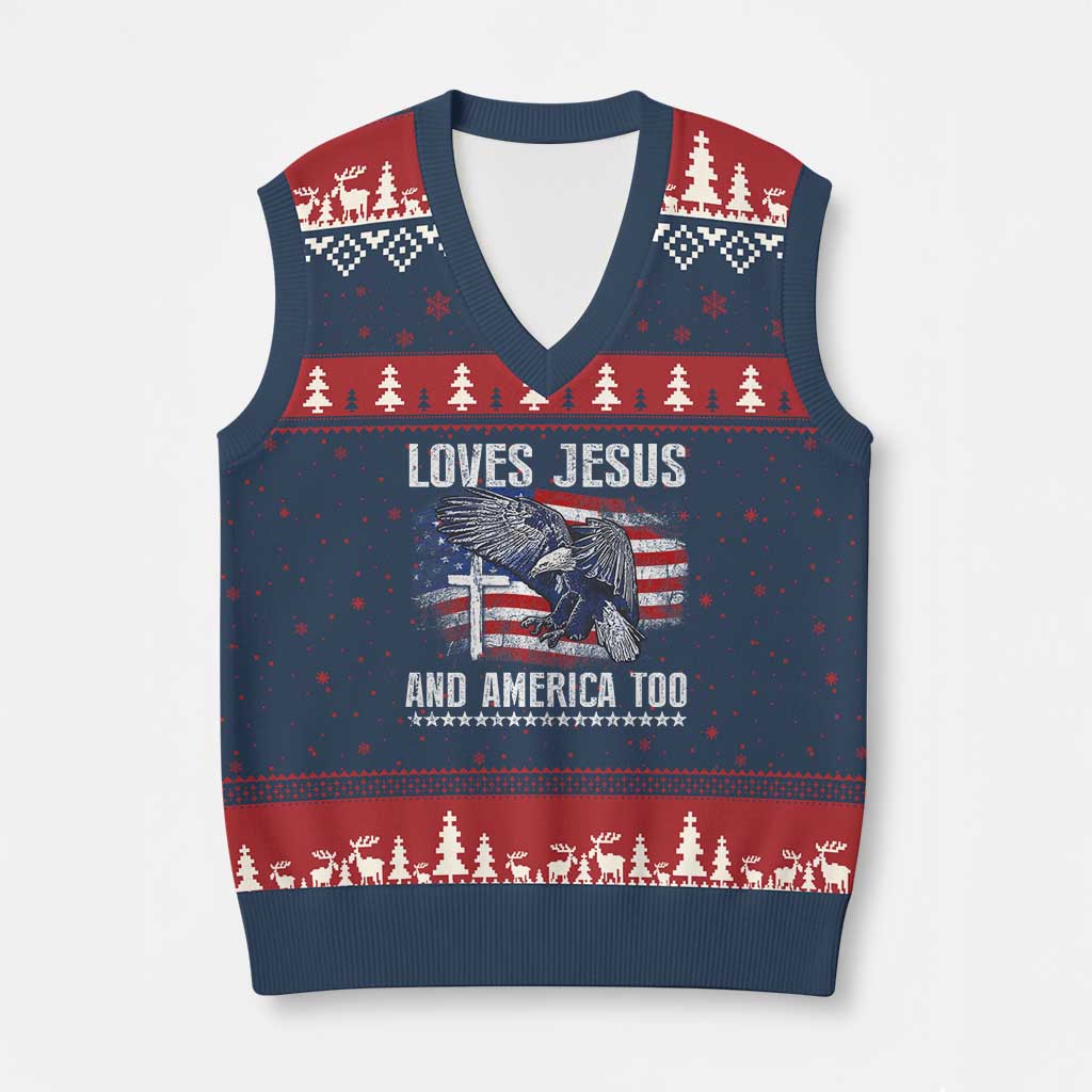 Funny Loves Jesus And America Too V-Neck Knit Sweater Vest 4th Of July Patriotic Christian Eagle American Flag - Wonder Print Shop