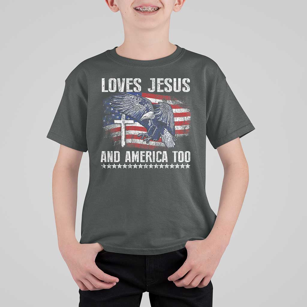 Funny Loves Jesus And America Too T Shirt For Kid 4th Of July Patriotic Christian Eagle American Flag - Wonder Print Shop