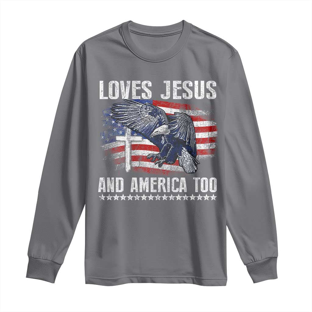 Funny Loves Jesus And America Too Long Sleeve Shirt 4th Of July Patriotic Christian Eagle American Flag - Wonder Print Shop