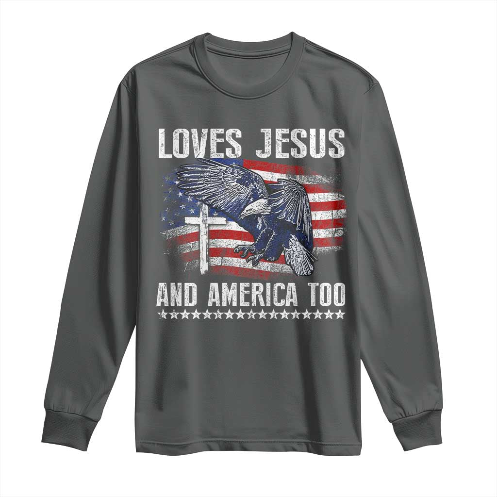 Funny Loves Jesus And America Too Long Sleeve Shirt 4th Of July Patriotic Christian Eagle American Flag - Wonder Print Shop
