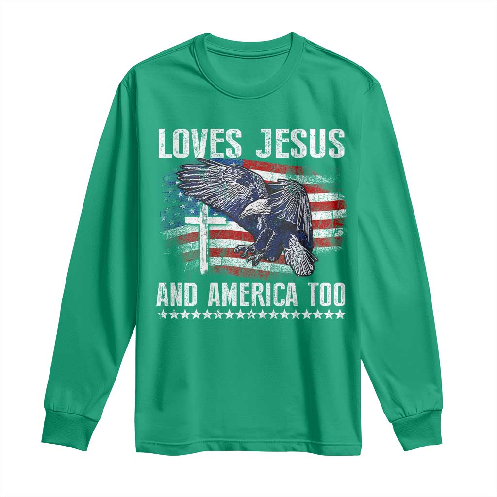 Funny Loves Jesus And America Too Long Sleeve Shirt 4th Of July Patriotic Christian Eagle American Flag - Wonder Print Shop