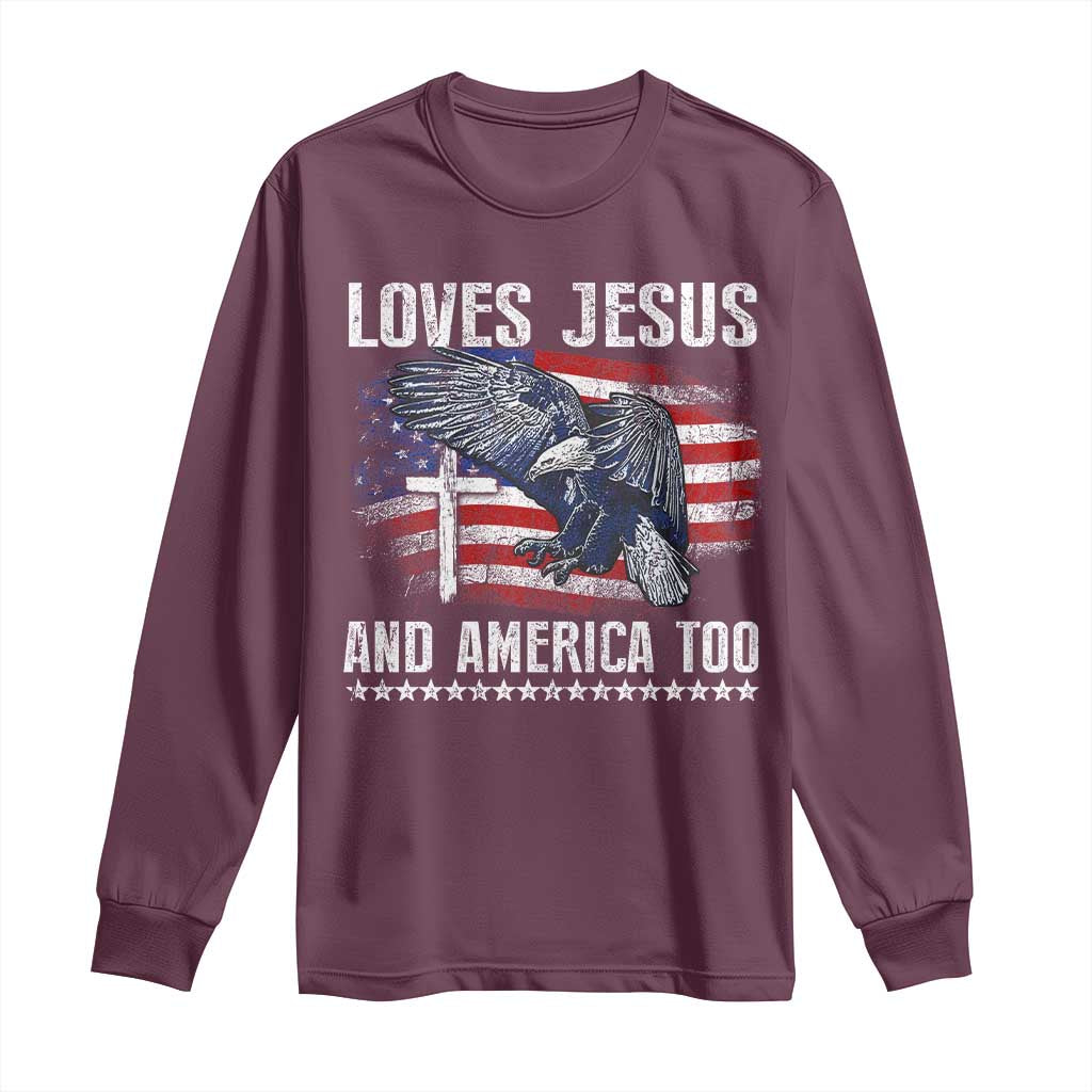 Funny Loves Jesus And America Too Long Sleeve Shirt 4th Of July Patriotic Christian Eagle American Flag - Wonder Print Shop
