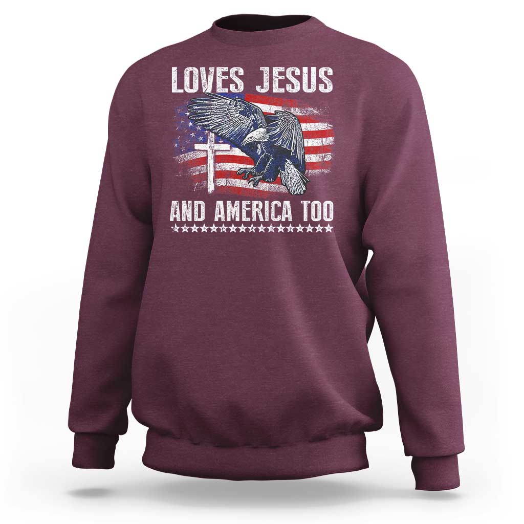 Funny Loves Jesus And America Too Sweatshirt 4th Of July Patriotic Christian Eagle American Flag - Wonder Print Shop