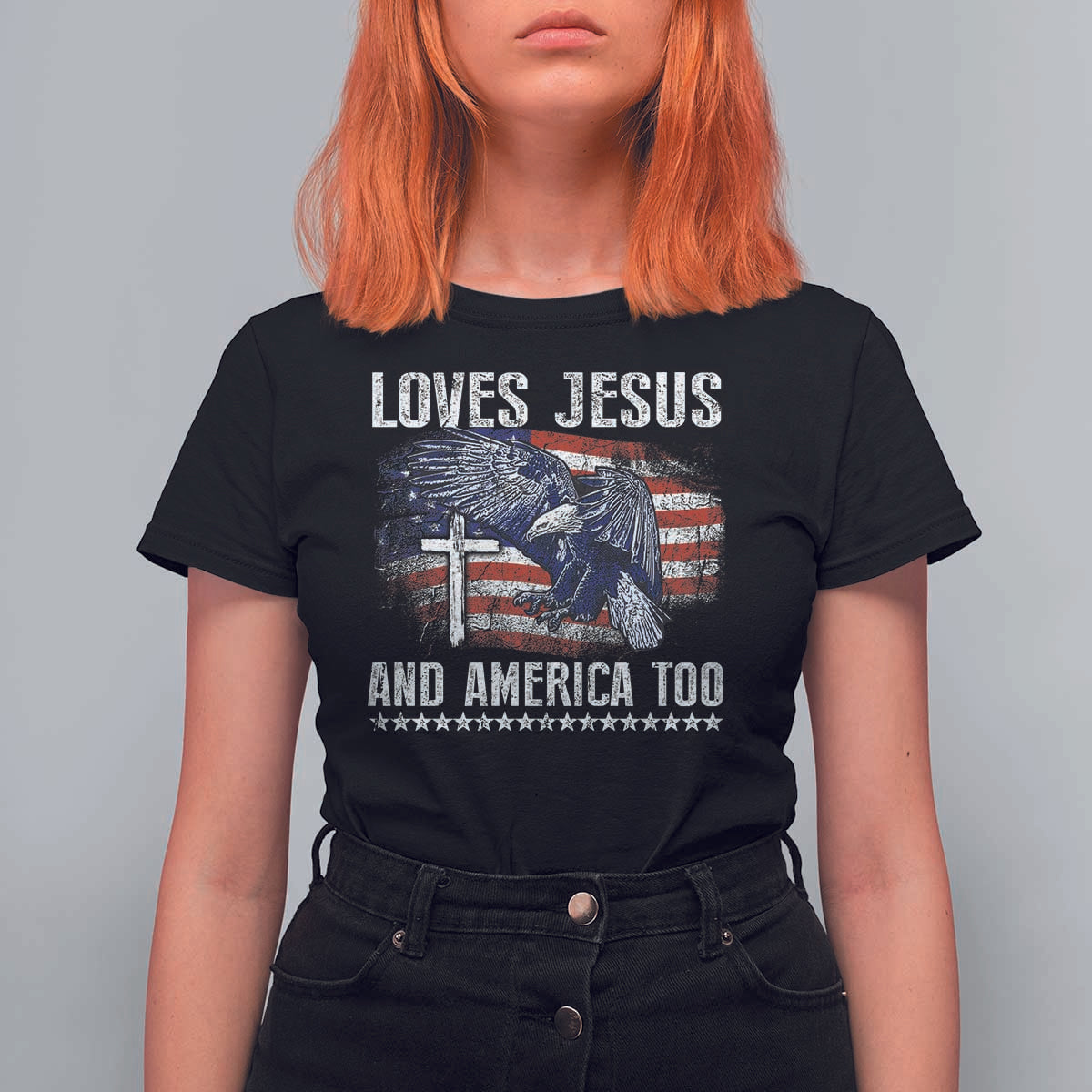 Funny Loves Jesus And America Too T Shirt For Women 4th Of July Patriotic Christian Eagle American Flag - Wonder Print Shop